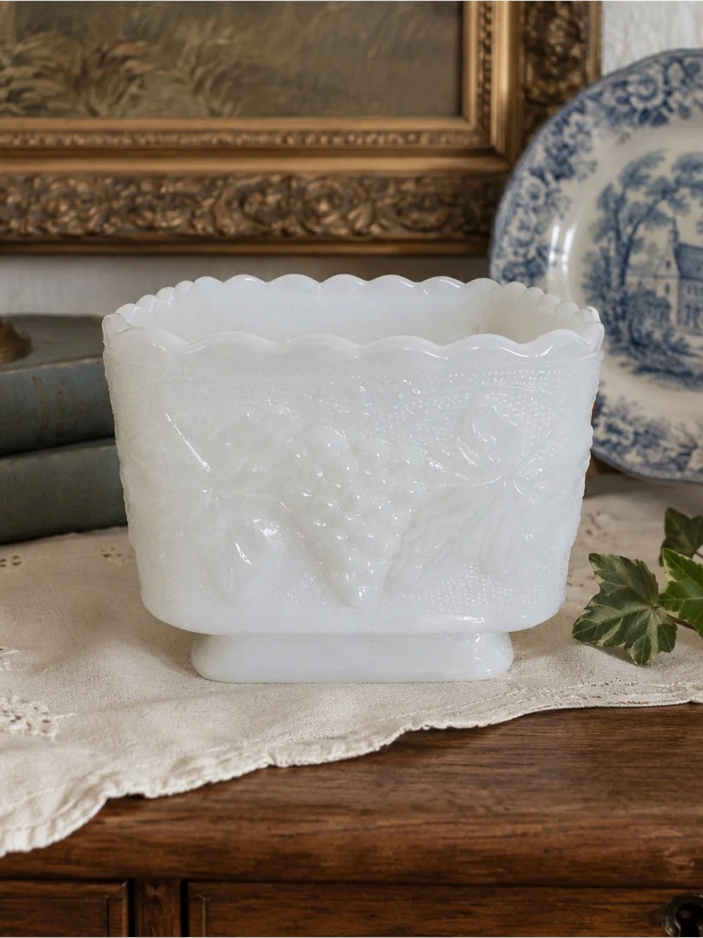 Vintage Anchor Hocking White Milk Glass Scalloped Edge Planter with Grape Motif